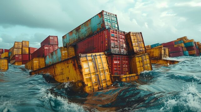 Caught in turbulent waters, a container ship loses its cargo containers to the stormy ocean, where they sink.