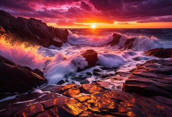 Fototapeta premium majestic waves crashing rugged rocky shoreline sunset illuminating skies vibrant colors, beach, coast, ocean, water, sea, landscape, scenery, nature, rocks