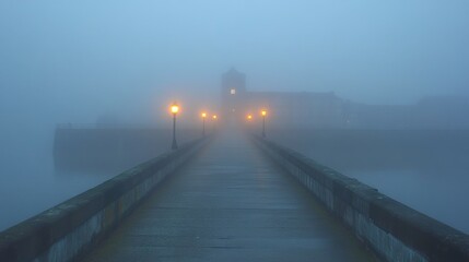 Foggy Bridge Leading to a Mysterious Building with Lit Windows