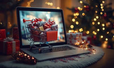 Small shopping cart filled with boxes, standing on a laptop PC. Concept of online shopping on black friday, cyber monday. and christmas.