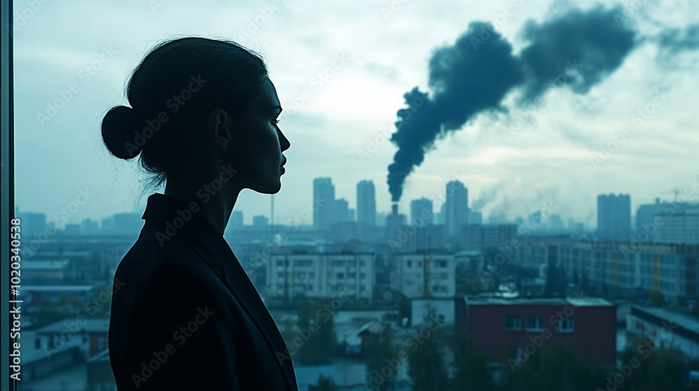 Poster high fashion pieces in a display window overlooking a polluted cityscape stock photo with side copy 