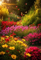 Obraz premium colorful blooming flower beds surrounded lush greenery picturesque landscape showcasing vibrancy beauty, blossoms, flowers, flowerpot, garden, plant, flora