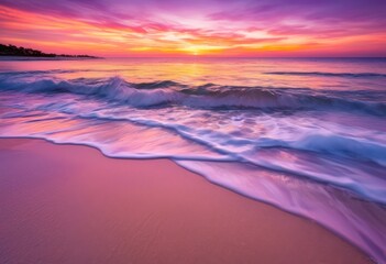 Fototapeta premium vibrant sunrise illuminating ocean waves colorful sky over tranquil shoreline soothing seascape, colors, nature, dawn, light, horizon, reflections, scenery