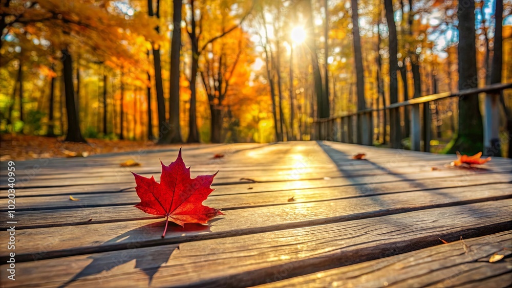 Canvas Prints A lone crimson leaf rests on a wooden path, bathed in the golden glow of the setting sun, as a backdrop of vibrant autumn foliage blurs into the distance.