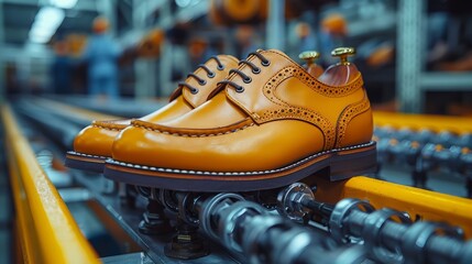 Tan leather shoes rest on a production line, showcasing the skilled craftsmanship and detailed design that define exquisite footwear manufacturing
