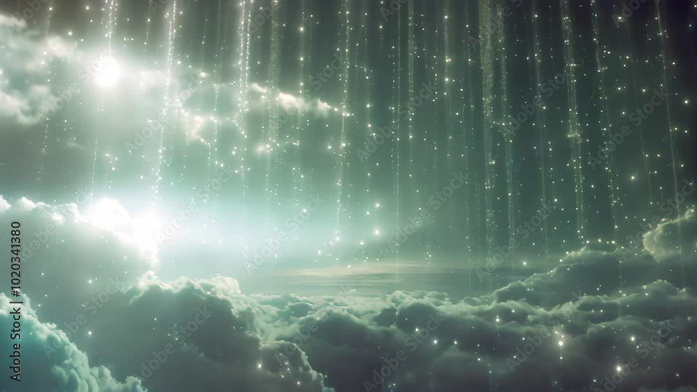 Poster a digital rain of binary code falls from the clouds onto a distant horizon at night, binary code rai
