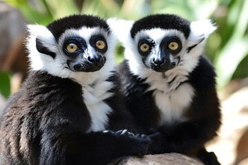 Two black-and-white lemurs sitting close together, showcasing their striking features.