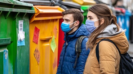 Fashion models in protective masks standing next to toxic waste containers Stock Photo with side copy space