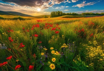 Obraz premium vivid transformation lush fields during seasonal change flourishing colorful foliage under bright sky, adventure, alternative, aroma, atlantic, beauty