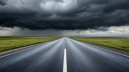 Naklejka premium A straight paved road leading towards a dark, ominous stormy sky, with green fields on either side.