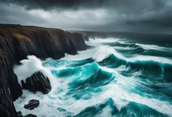 Obraz premium dramatic coastal scene featuring powerful waves crashing majestic cliffs beneath cloudy sky, beach, coastline, ocean, sea, rocks, sunset, landscape, shore