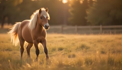 A small pony standing in a grassy field with a warm, golden light