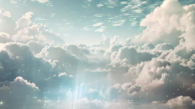 Binary code falls like rain from the clouds above, creating a digital shower, Binary code raining down from the clouds onto a pristine digital environment