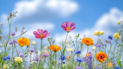 Vibrant Wildflowers in a Meadow with a Blue Sky Background