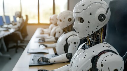 An office environment showcases robotic assistants and digital interfaces
