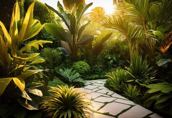 Fototapeta premium lush vibrant plant textures creating inviting atmosphere modern backyard oasis unique foliage, garden, landscaping, greenery, plants, flowers, tropical
