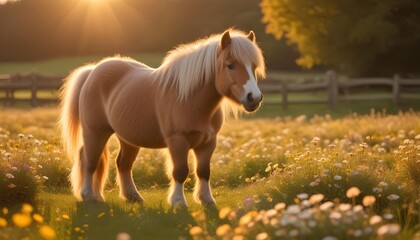 A small pony standing in a flower-filled pasture with a warm, golden light