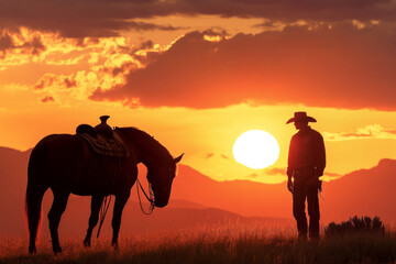 A cowboy and a horse gaze at a vibrant sunset, surrounded by majestic mountains. The warm colors of the sky create a tranquil atmosphere, evoking a sense of freedom.