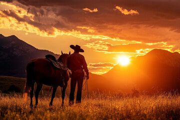 A cowboy and a horse gaze at a vibrant sunset, surrounded by majestic mountains. The warm colors of the sky create a tranquil atmosphere, evoking a sense of freedom.