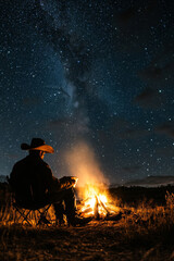 A lone cowboy sits by a warm campfire, gazing at the vast, star-filled sky while enjoying the tranquility of the wilderness at night.