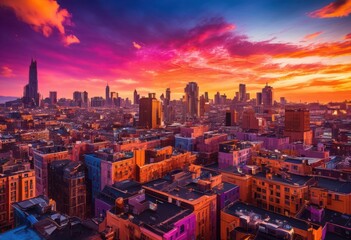 Fototapeta premium stunning city skyline vibrant sunset over rooftops illuminating urban landscape colorful skies unique architectural forms, architecture, buildings, silhouette