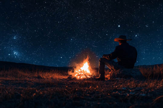 A lone cowboy sits by a warm campfire, gazing at the vast, star-filled sky while enjoying the tranquility of the wilderness at night.