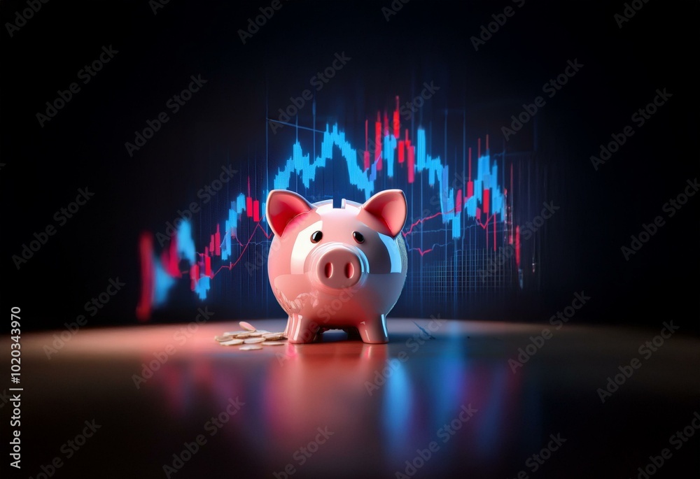 Poster pink piggy bank sitting on a dark surface with coins scattered in front and a glowing stock chart in