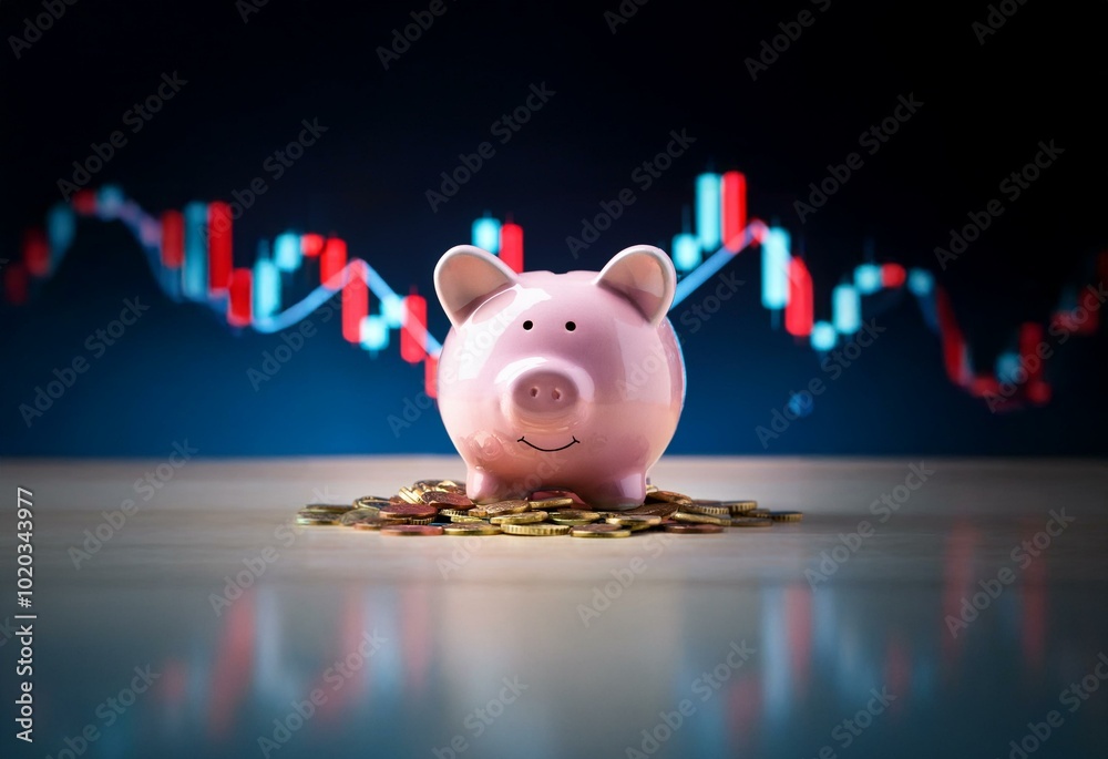 Aufkleber a pink piggy bank sits on a table with gold coins in front of it. a stock chart with red and blue ba