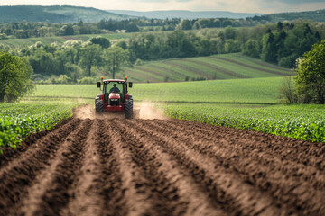 Obraz premium The farmer skillfully maneuvers a red tractor through a vast field, cultivating the rich soil while surrounded by picturesque rural landscapes under a clear sky.