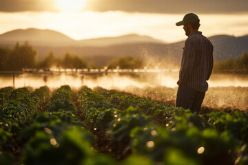 A farmer monitors the irrigation system in a large field, ensuring crops receive adequate water during the golden light of sunset, highlighting the importance of effective farming.