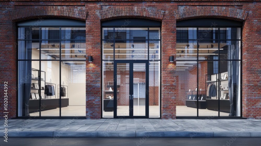 Poster a brick building with a large window and a black door