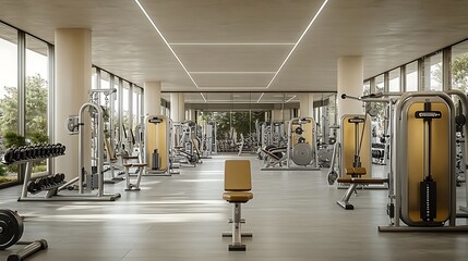 Modern gym interior, expansive area with a wide variety of fitness machines, large open spaces for ease of movement, high ceilings, natural light filtering through windows, polished flooring,