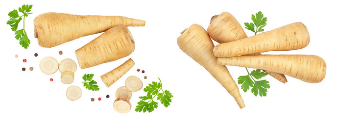 Parsnip root and slices isolated on white background closeup. Top view. Flat lay