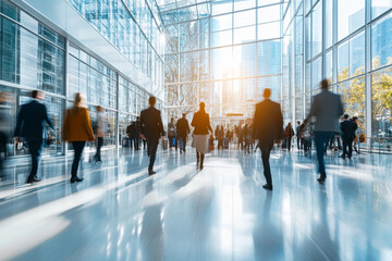 A large group of business people fills a bright glass-walled lobby, moving purposefully as sunlight streams through the windows, creating a dynamic atmosphere.