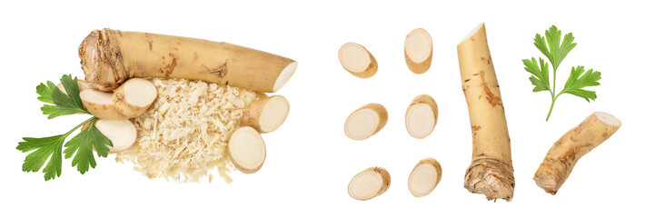 Horseradish root with slices grated pile and parsley isolated on white background