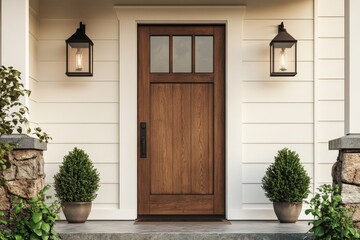 Traditional cheap front entrance door with wood, brown wooden style.