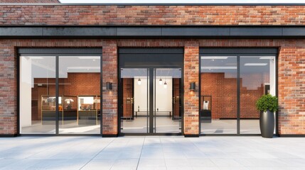 A brick building with a glass front has a black door