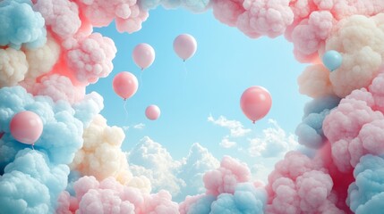 Pink and Blue Balloons Floating Above Cotton Candy Clouds in a Blue Sky