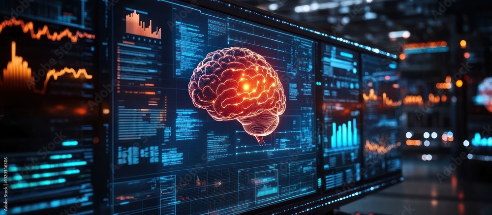 Wall mural a digital representation of a human brain displayed on a computer monitor screen with a blue and bla