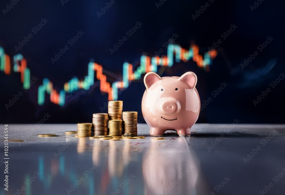 Poster a pink piggy bank with a happy face stands on a surface, next to a stack of gold coins, in front of 