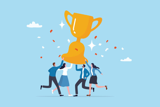 Team success achievement, winning trophy award together, celebrate team effort collaboration, teamwork motivation, ambition concept, business people colleague celebrate award winning trophy together.