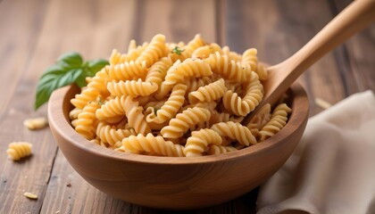 Cooked pasta fusilli in a wooden bowl , close-up view