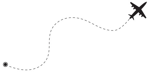 Illustration background. Black and white pattern. Airplane flying and dotted line. Map marker location pin. Isolated on transparent background with png