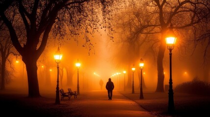 Solitary Figure Walking Through Foggy Park Path Lit by Streetlights