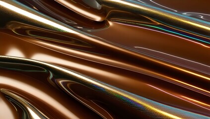 Brown metallic liquid background with an abstract neon texture. It's like a rainbow of 3D holographic foil, with a wavy, glossy surface in shades.