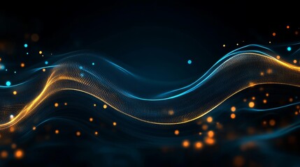 Abstract Dark Blue and Orange Wavy Lines with Particles, Digital Background, Technology Background.