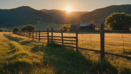 Tranquil Rural Scene with Wooden Fence and Farmhouse at Sunset