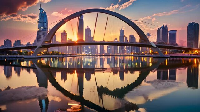 A modern bridge with a unique arch design reflects the city skyline at dusk in Dubai, Bridging the gap between traditional banking and innovation