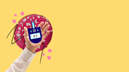 Hand holding glucose meter with high reading against background of sweets. Need for diabetes monitoring and managing blood sugar levels. Contemporary art. Concept of medicine, treatment, healthcare