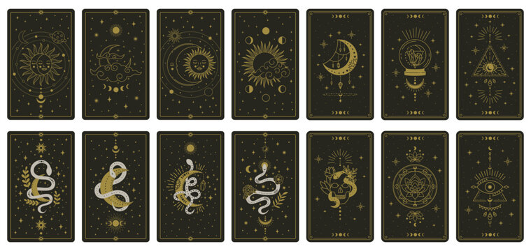 Tarot cards featuring intricate celestial and mystical designs arranged neatly. The cards highlight symbols like the moon, sun, and snakes, perfect for divination.